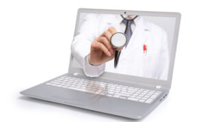 Telemedicine concept. Doctor with a stethoscope on the computer laptop screen. ilustrasi